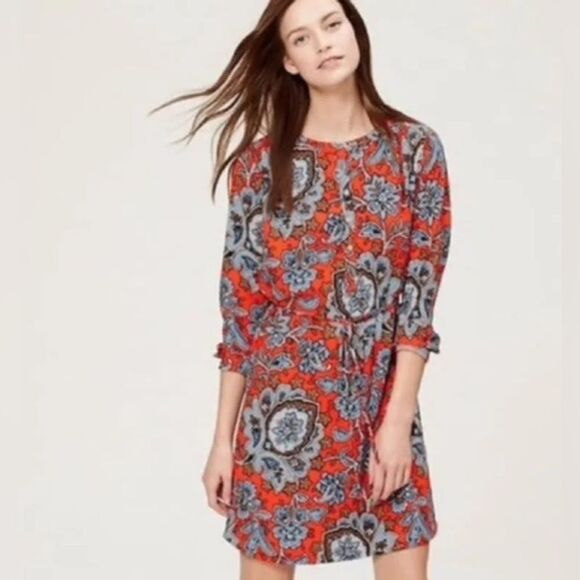 Loft-Anne Taylor Red Blue Brown Floral Long Sleeve Smock Tunic-Henley style sz L - Picture 7 of 16